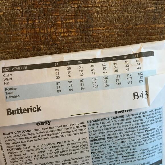 Butterick Sewing Pattern B4317 Mens Costume Mozart Louis XIV 42-44-46-48 UNCUT - Picture 3 of 3